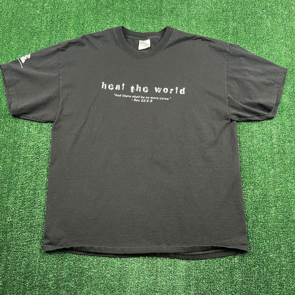 VTG Heal The World Jesus Cross God T-Shirt Mens 2XL‎ Faded Black Revalation Y2K - Picture 4 of 9